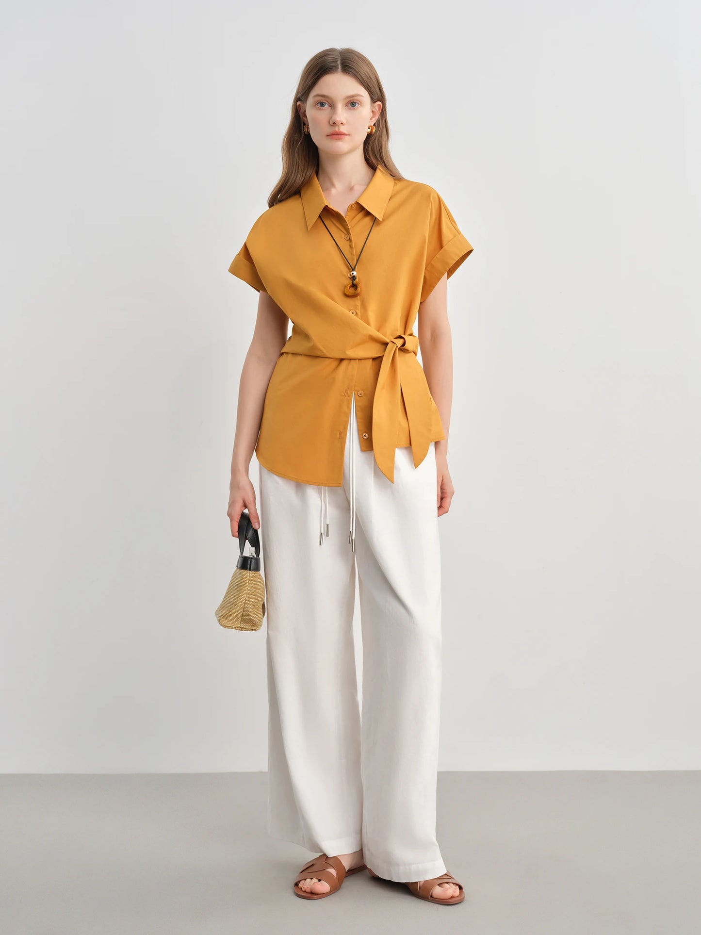 Buckle Short Sleeve Blouse & Fitted Waist Shirt