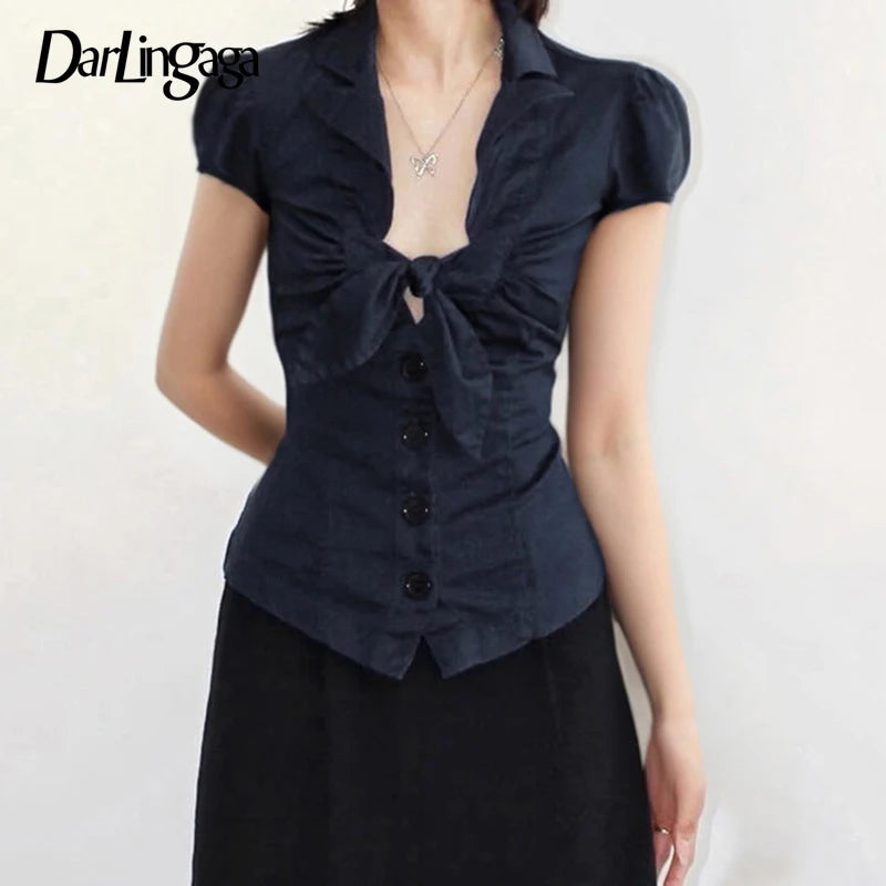Puff Sleeve Bow Tie Blouse with Big Buttons