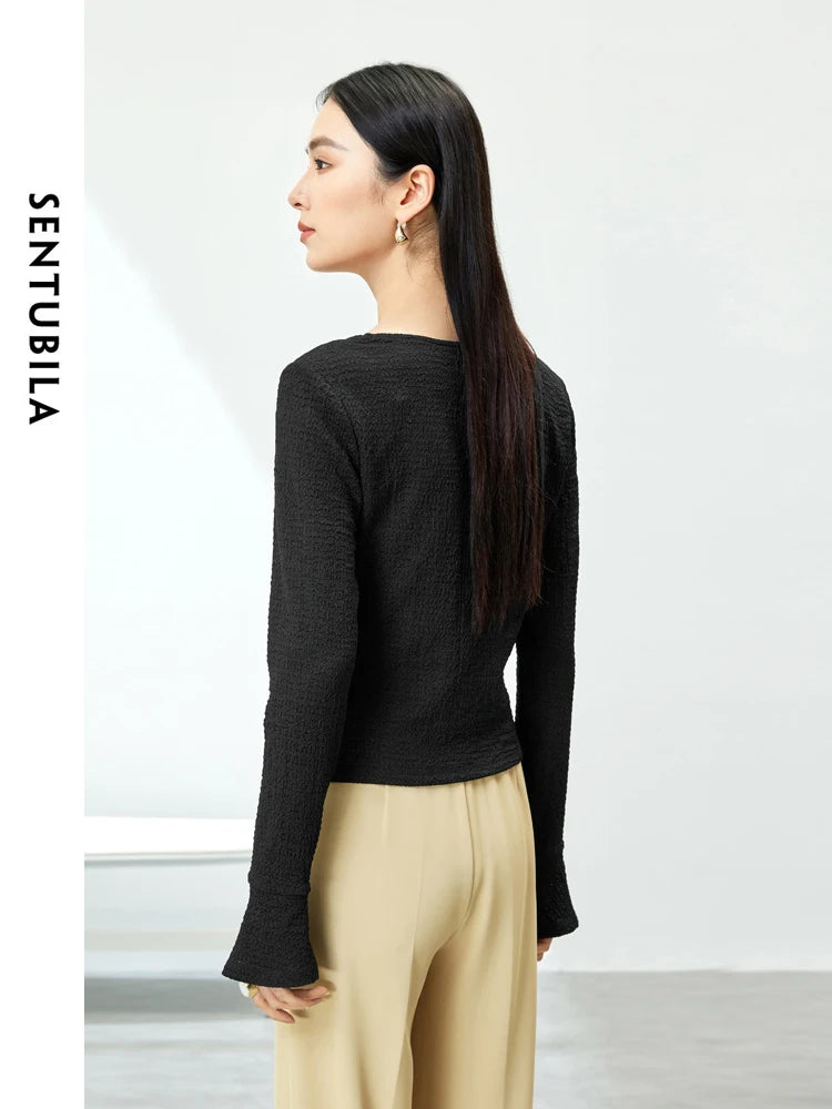 Elegant Knitted Pullover Top with Split Hem & Folds