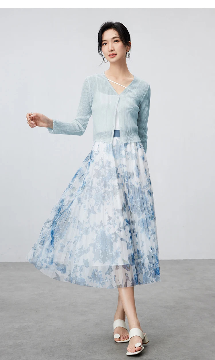 V-neck Cropped Knitted Cardigan & Long Sleeve Top