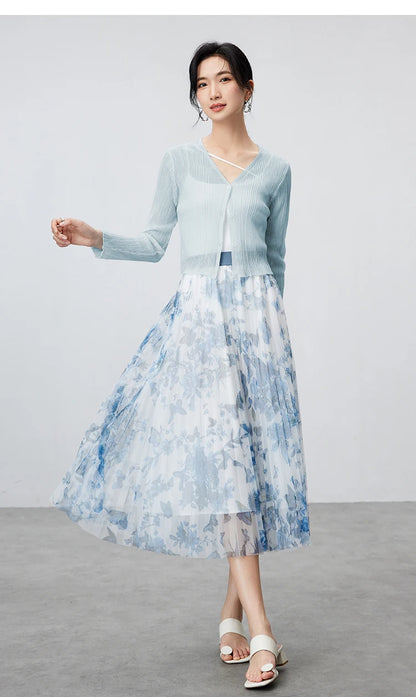 V-neck Cropped Knitted Cardigan & Long Sleeve Top