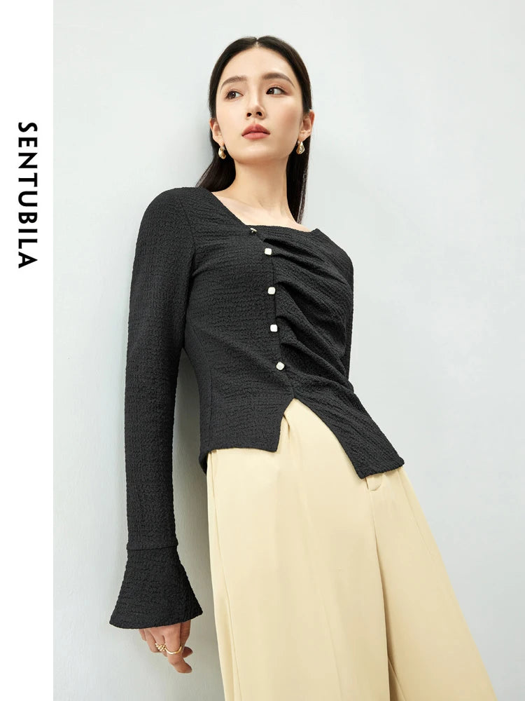 Elegant Knitted Pullover Top with Split Hem & Folds