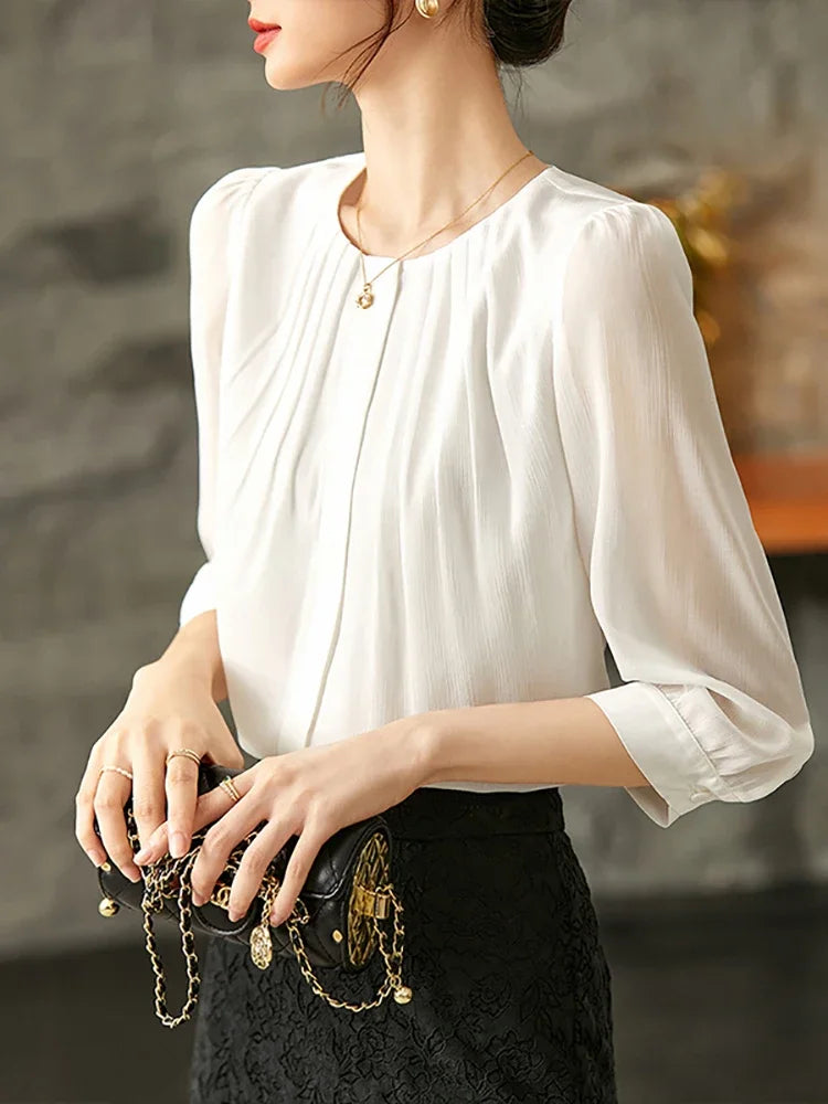 Elegant White Chiffon Pleated Button Down Top