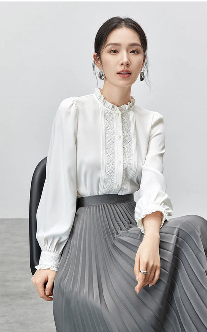 Lace Button Up Long Sleeve White Blouse