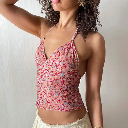 V-Neck Floral Halter Top & Casual Slim Fit Design