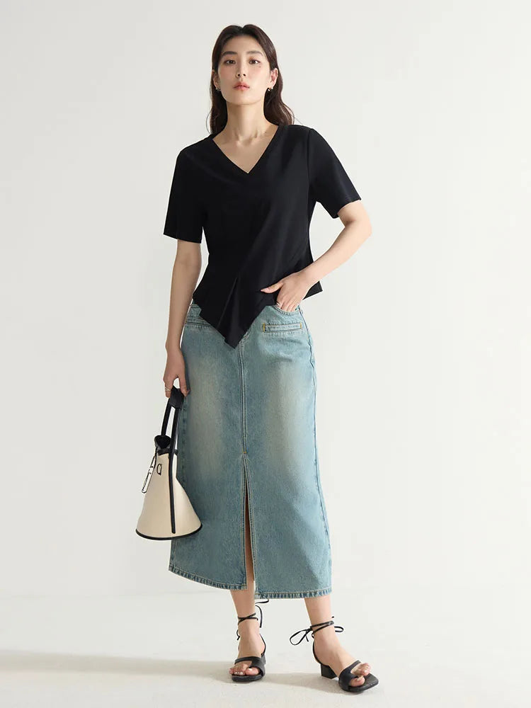 V-Neck Cotton Short Sleeve Tee & Pleated T-Shirt