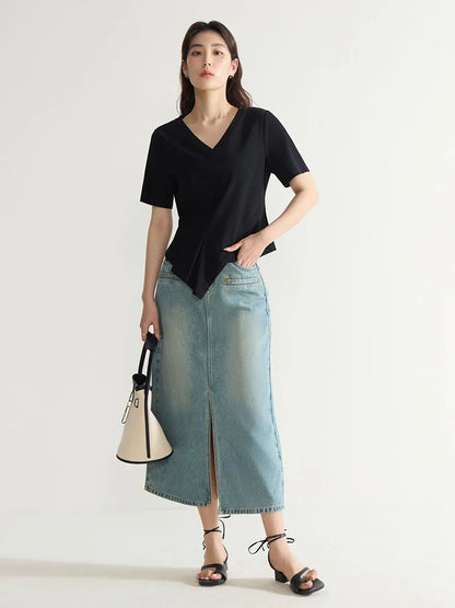 V-Neck Cotton Short Sleeve Tee & Pleated T-Shirt