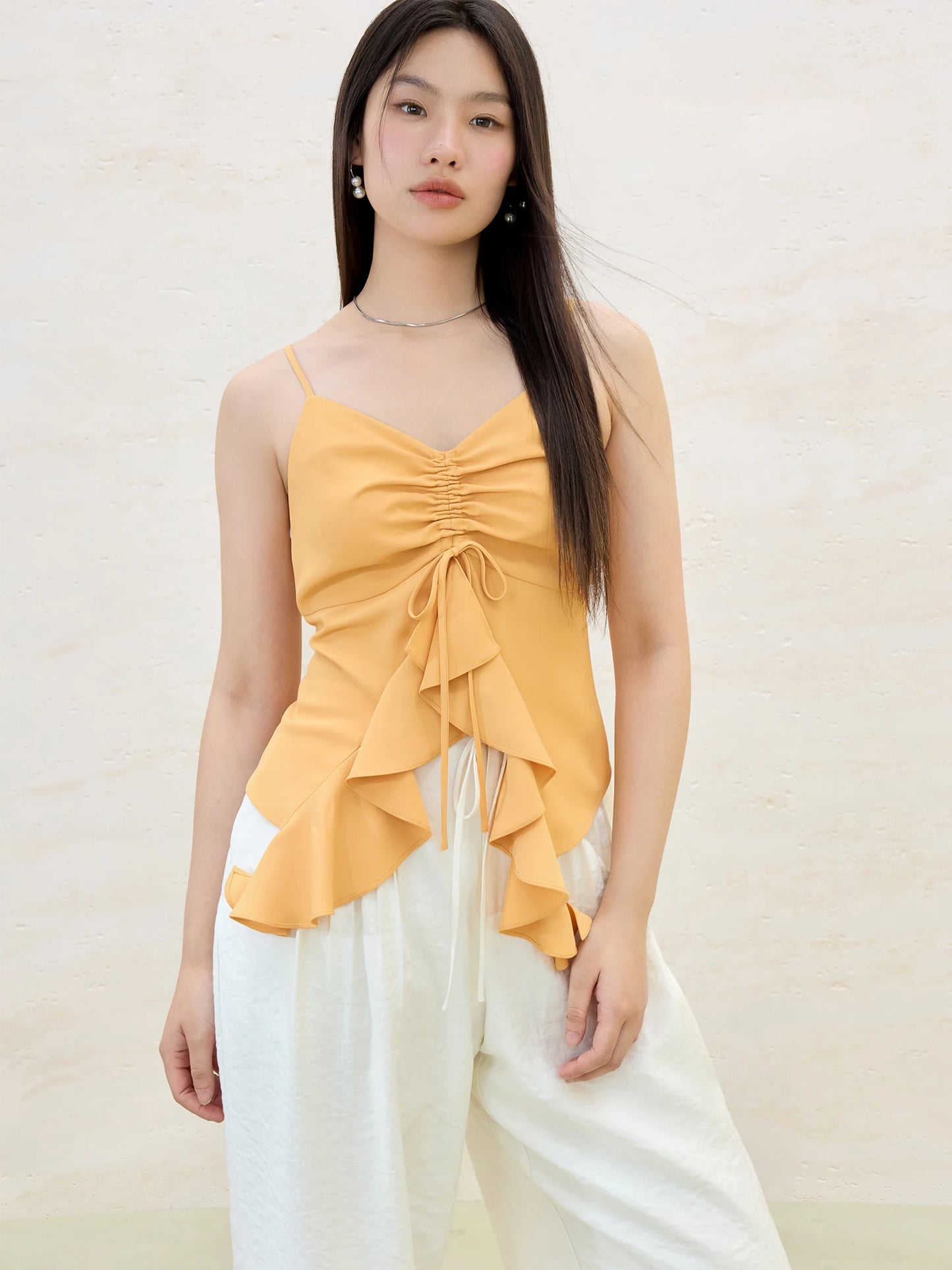 Ruffle Drawstring Strappy Top All-match Vest