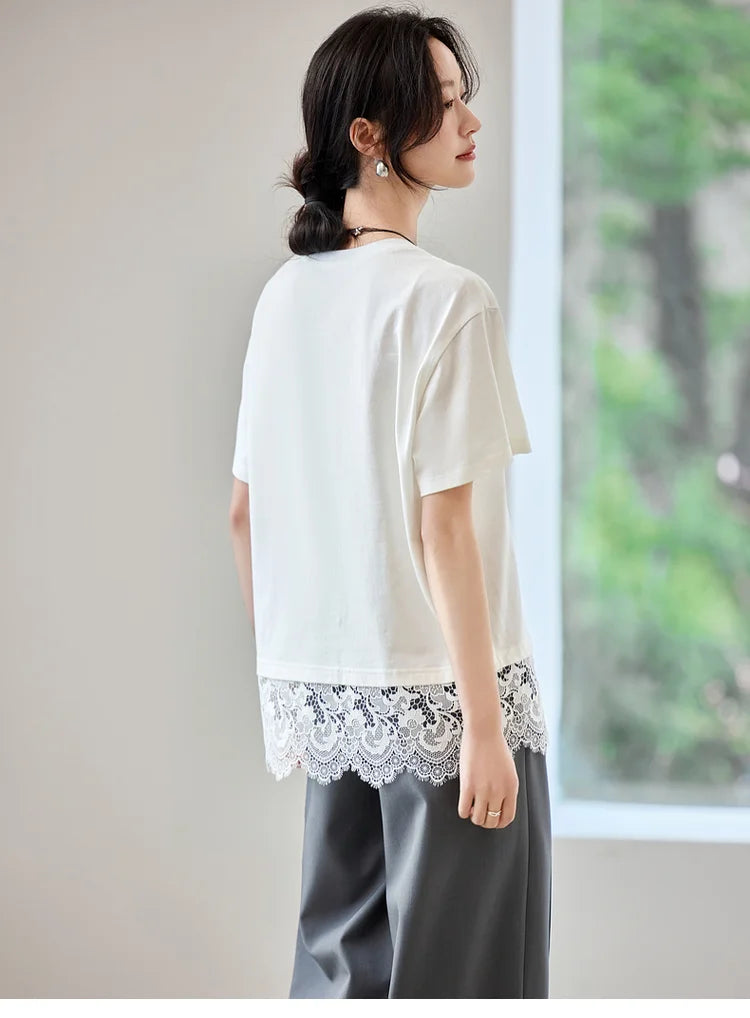 Lace Slit Loose Fit O Neck T-shirt & Tee
