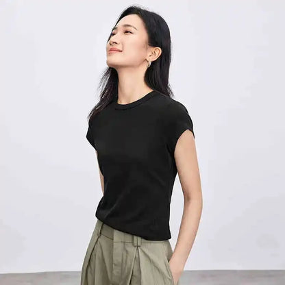 Solid Knitted Crewneck Short Sleeve Embroidery Top