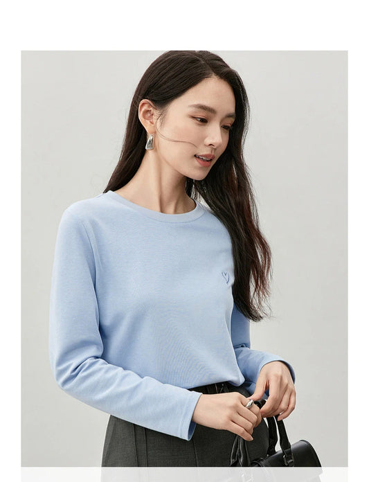 Solid Embroidery Crew Neck Long Sleeve T-shirt