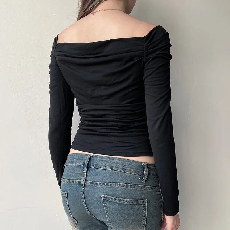 Elegant Cross Square Collar Slimming Long Sleeve Top