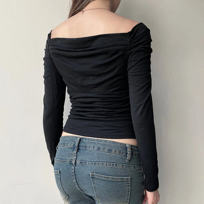 Elegant Cross Square Collar Slimming Long Sleeve Top