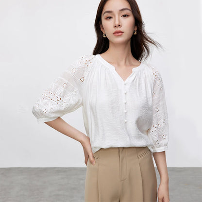 Hollow V Neck Chiffon Blouse & Embroidery Detail