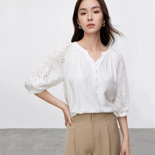 Hollow V Neck Chiffon Blouse & Embroidery Detail