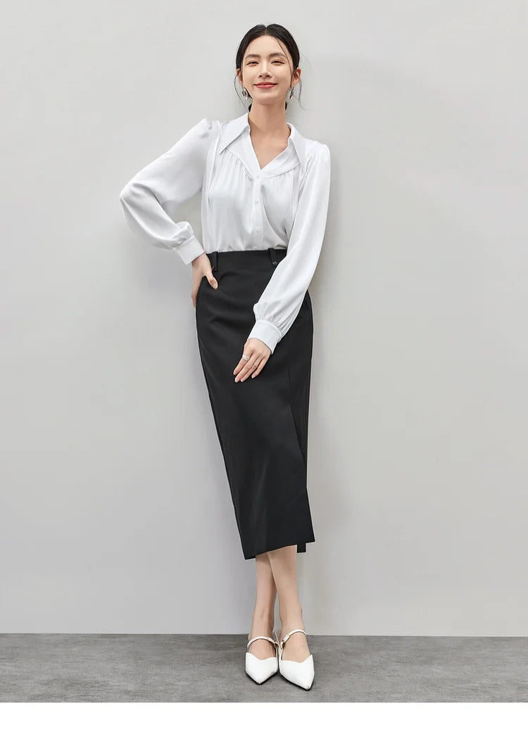 Elegant Loose Lapel Satin Long Sleeve Blouse
