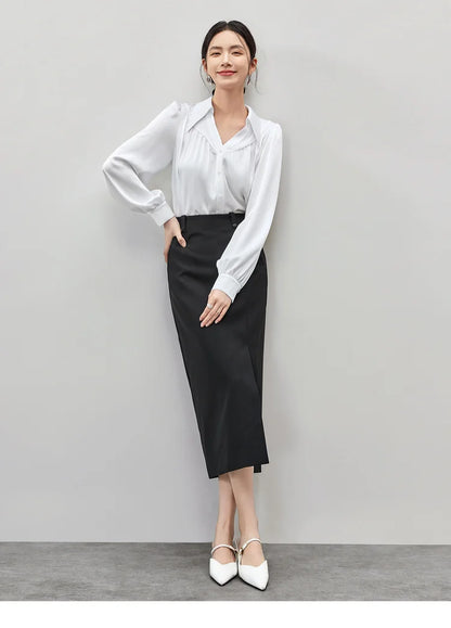 Elegant Loose Lapel Satin Long Sleeve Blouse