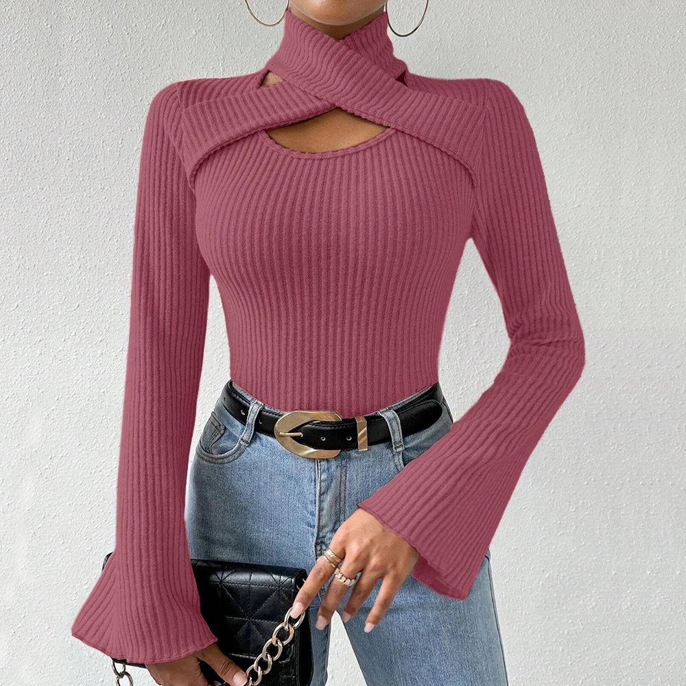 Korean Cut-Out Long Sleeve High-Neck T-Shirt
