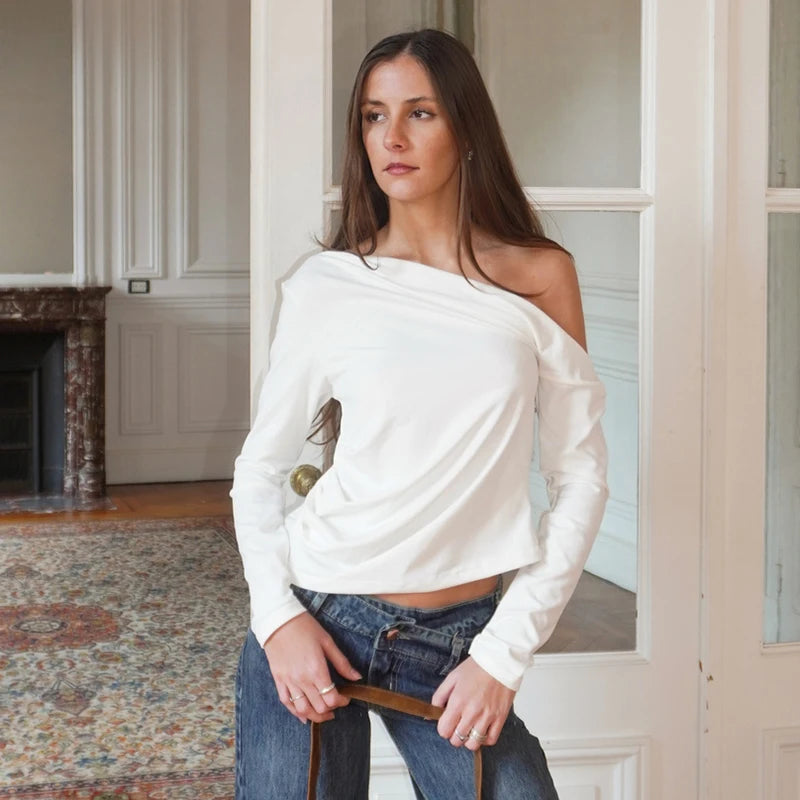 Oblique Collar Loose Long-Sleeve T-Shirt Top