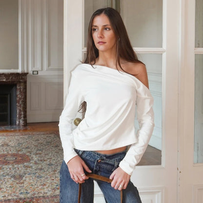 Oblique Collar Loose Long-Sleeve T-Shirt Top