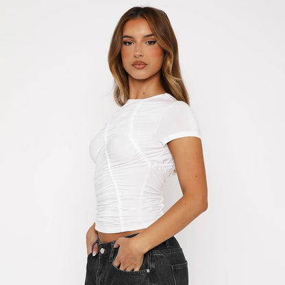 Solid Color Round Neck Ruched T-Shirt Top