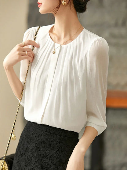 Elegant White Chiffon Pleated Button Down Top