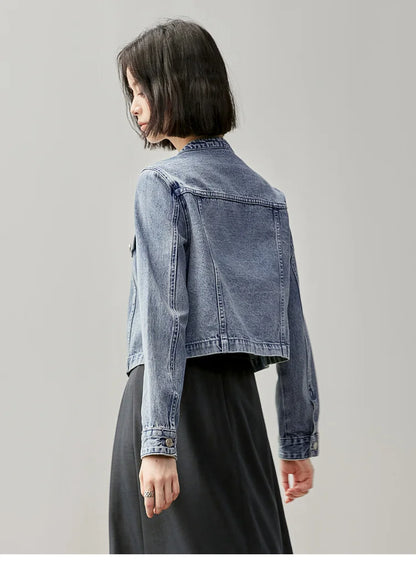 Embroidered Denim Coat & Half Open Collar