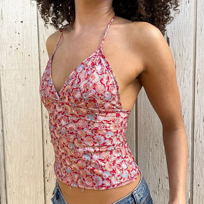 V-Neck Floral Halter Top & Casual Slim Fit Design
