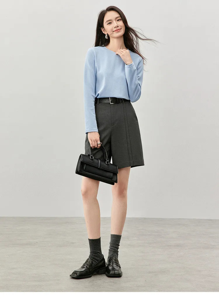 Solid Embroidery Crew Neck Long Sleeve T-shirt