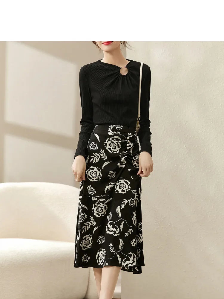 Cut Out Gathered Round Neck Long Sleeve T-shirt