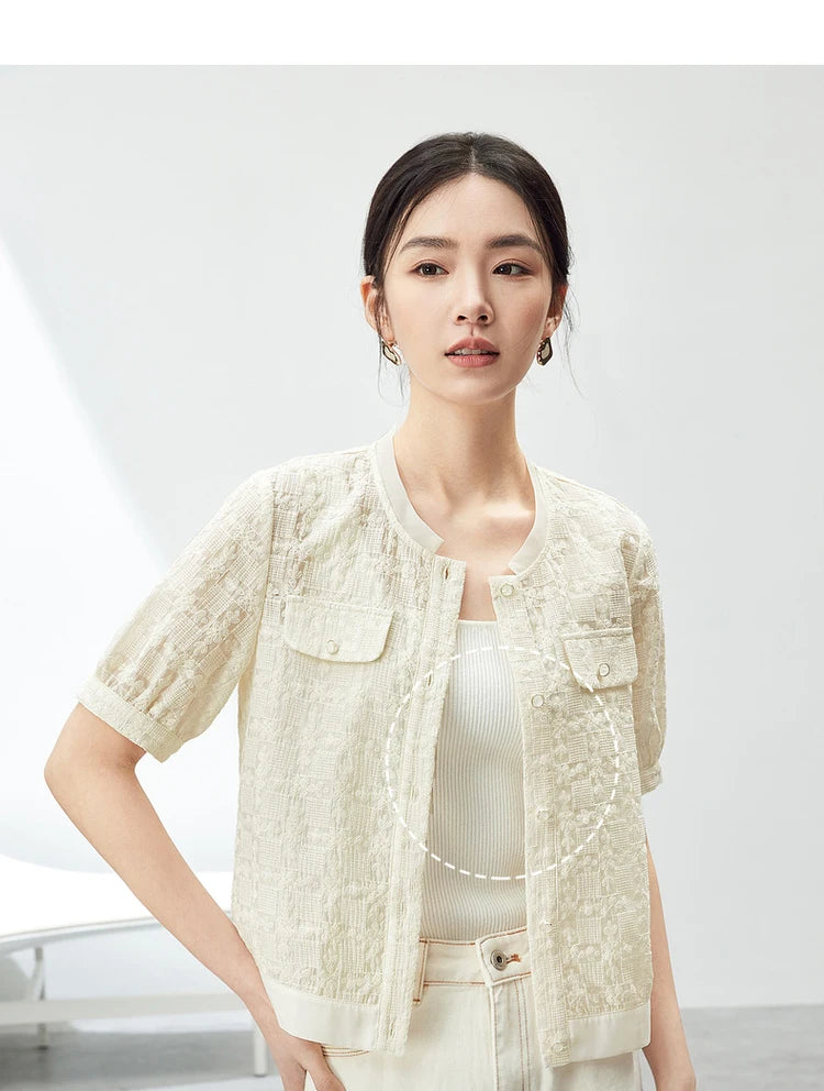 Elegant Tweed Cropped Coat with Round Neck & Short Sleeves