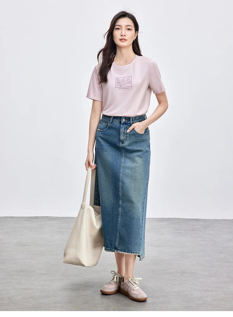 Cotton Embroidery Crewneck T-shirt & Casual Top