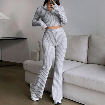 Zipper Long Sleeve Stand Collar Crop Top & High Waist Ankle Bell-Bottoms Set
