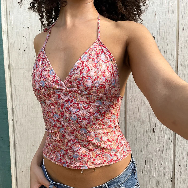 V-Neck Floral Halter Top & Casual Slim Fit Design