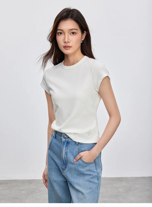 Solid Knitted Crewneck Short Sleeve Embroidery Top