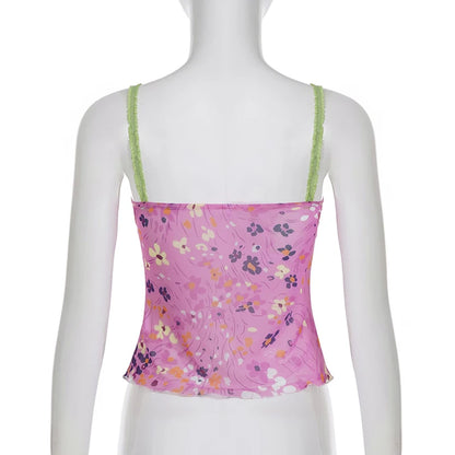 Floral V-Neck Bow Camisole with Contrast Trim