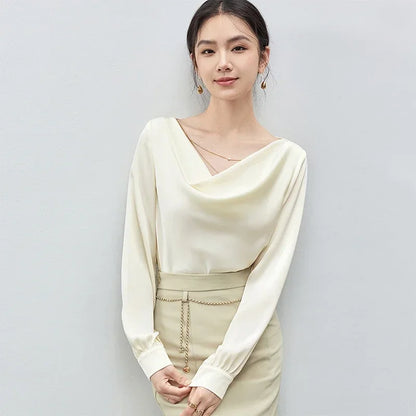 Elegant Swing Collar Satin Blouse with Chain Detail