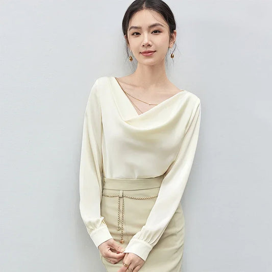 Elegant Swing Collar Satin Blouse with Chain Detail