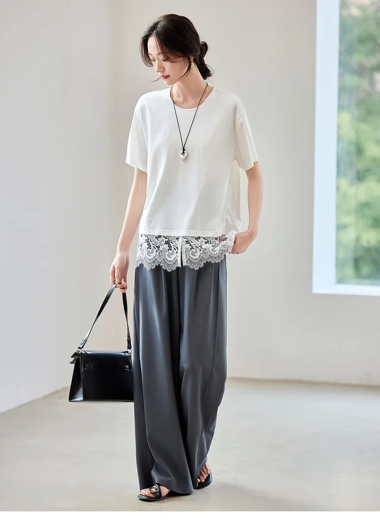 Lace Slit Loose Fit O Neck T-shirt & Tee