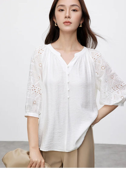 Hollow V Neck Chiffon Blouse & Embroidery Detail
