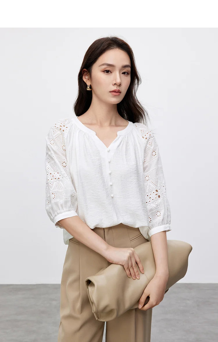 Hollow V Neck Chiffon Blouse & Embroidery Detail