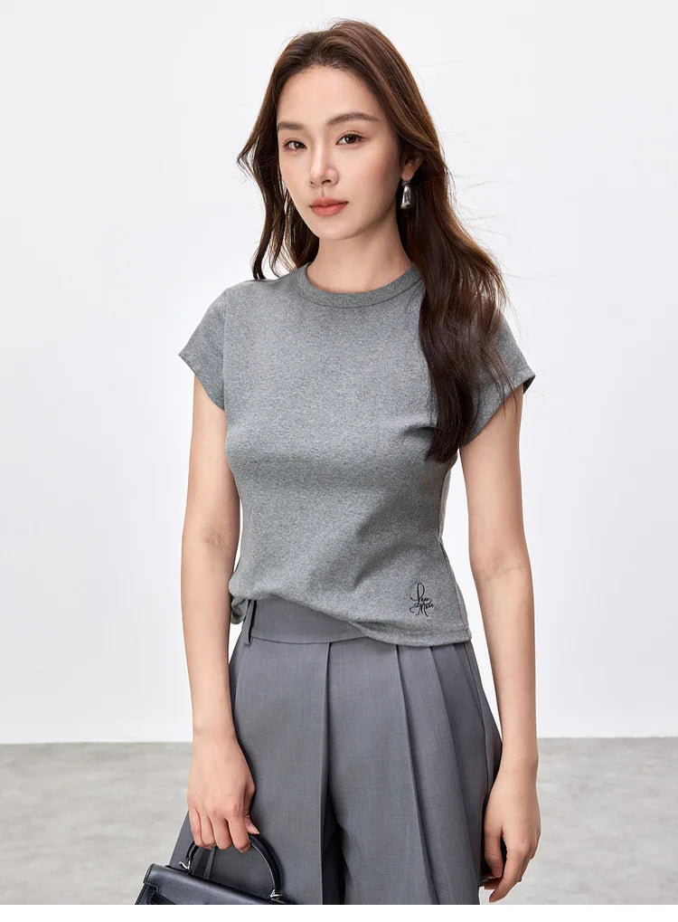 Solid Knitted Crewneck Short Sleeve Embroidery Top