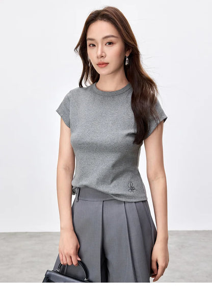 Solid Knitted Crewneck Short Sleeve Embroidery Top