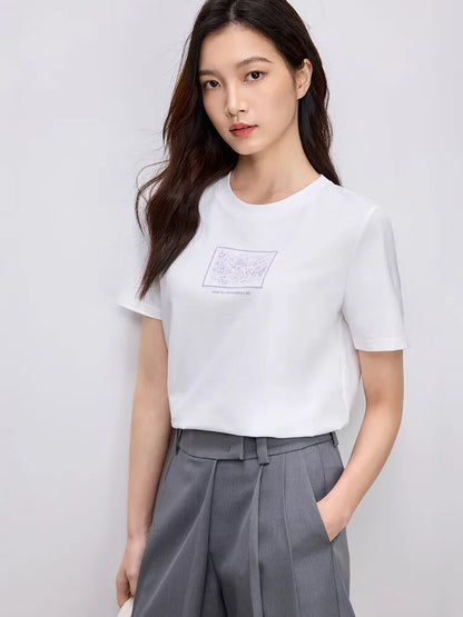 Cotton Embroidery Crewneck T-shirt & Casual Top