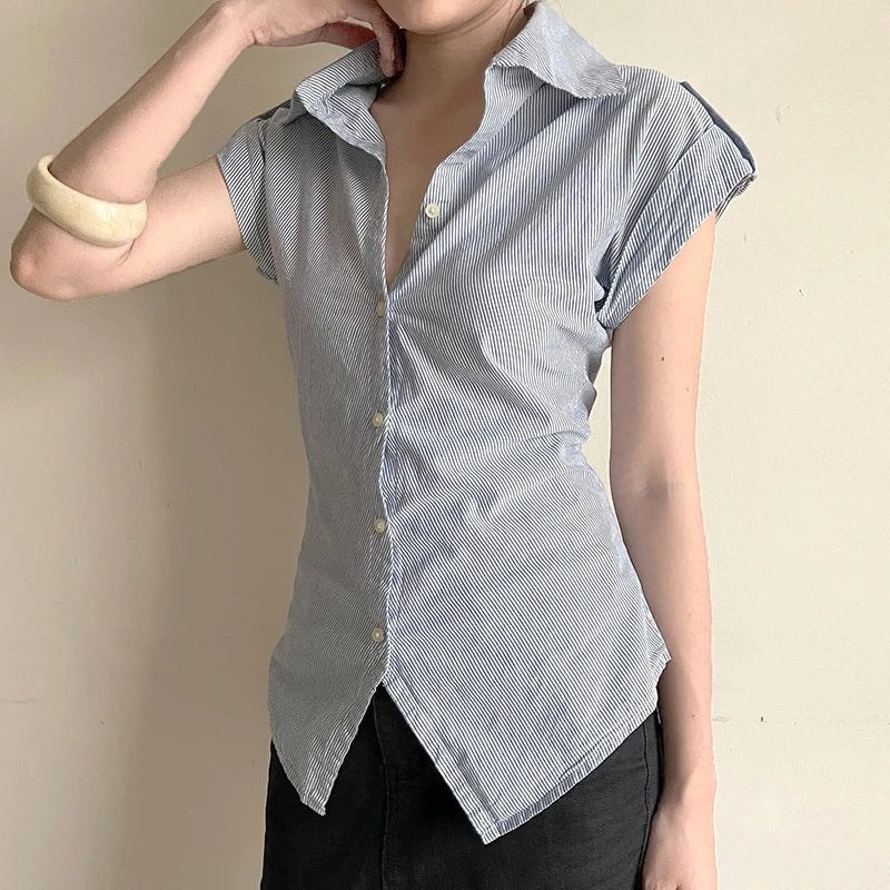 Chic Curved Hem Striped Button-Up Blouse