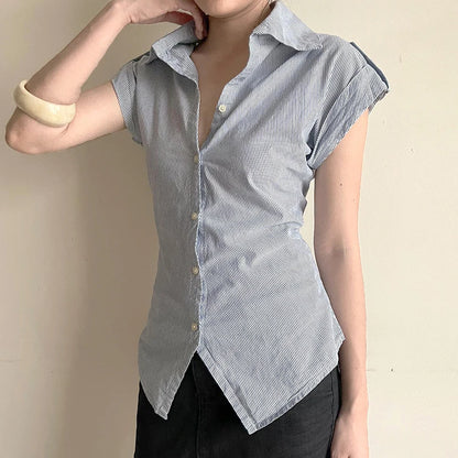Chic Curved Hem Striped Button-Up Blouse