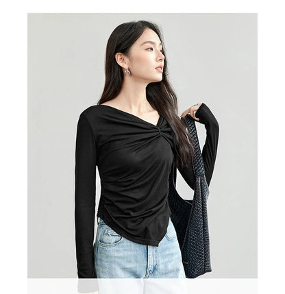 Irregular Knitted Long Sleeve Skew Collar Pullover
