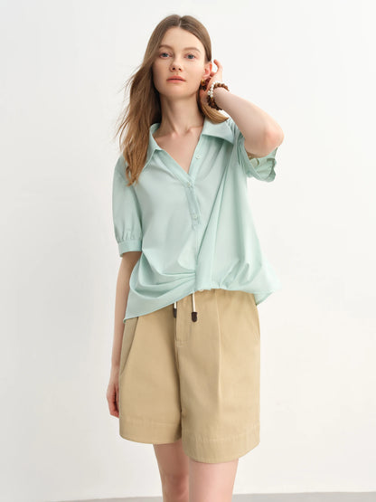 Asymmetrical Hem Pleated Short-Sleeved Shirt