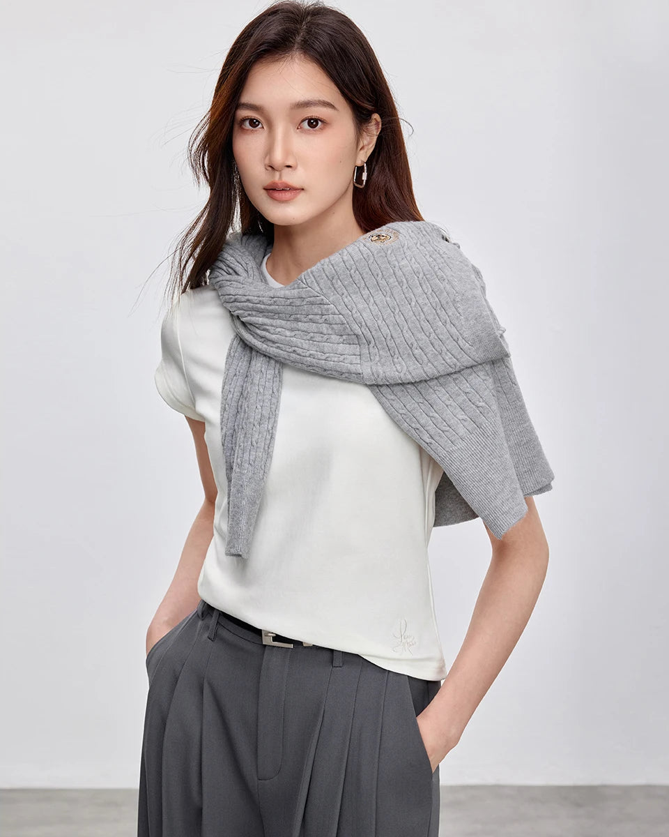 Solid Knitted Crewneck Short Sleeve Embroidery Top