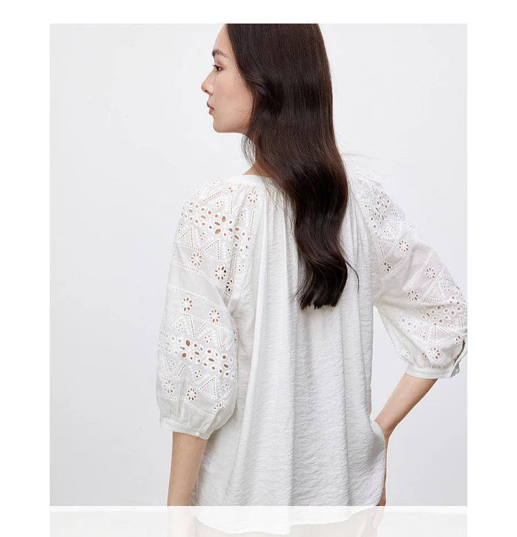 Hollow V Neck Chiffon Blouse & Embroidery Detail